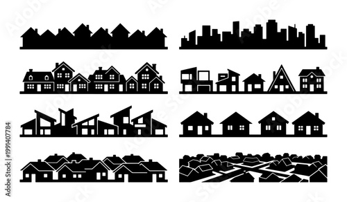 Black house silhouettes and city skyline borders, residential neighborhood street vector set, suburban home outlines and urban building panoramas