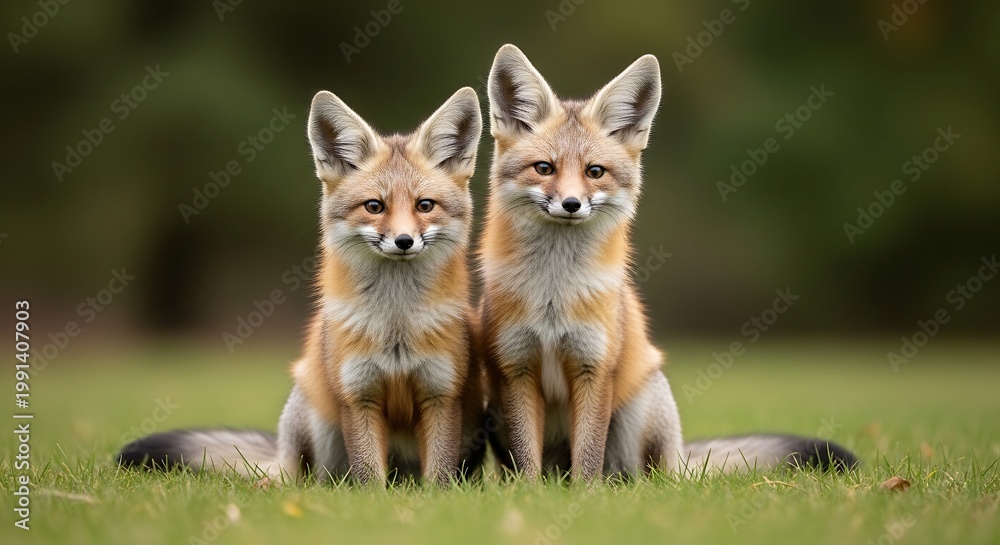 Fototapeta premium Two foxes sit side by side on green grass with blurred background