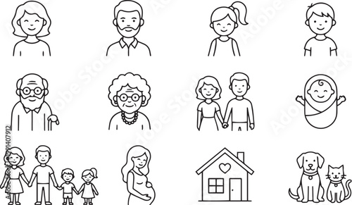 Set of family members and life stages line icons isolated on white background