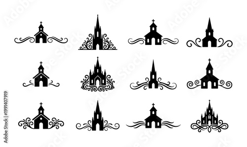 Vintage church silhouette icons with decorative flourishes, set of 12 religious building vector symbols, elegant cathedral and chapel logos for wedding stationery