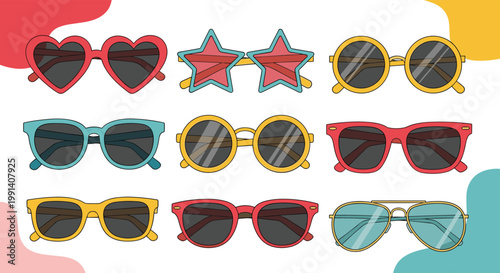 Set of nine different colorful sunglasses including heart, star, round, and aviator shapes is arranged in a neat grid.