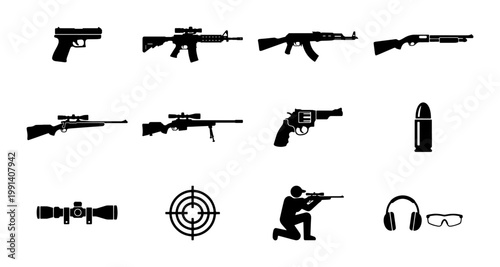 Military weapon silhouettes and shooting range icons, 12 vector elements of firearms and tactical gear, black gun collection for hunting and defense