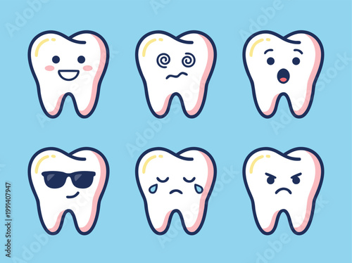 Set of Six Cartoon Teeth with Different Emotions.