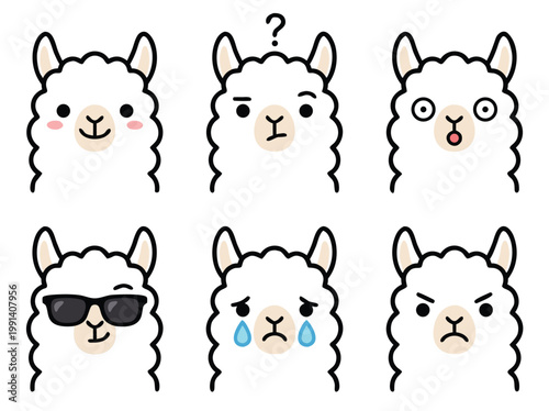 Set of Six Cute Cartoon Llama Faces with Different Emotions.