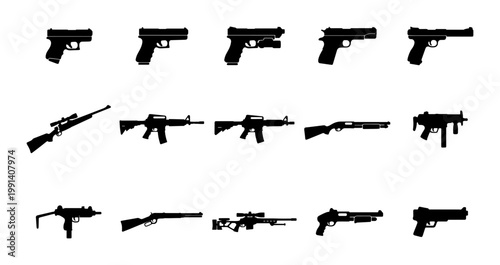 Black firearm silhouettes set, 15 gun icons including pistols and rifles, military weapon vector collection for tactical design and security graphics