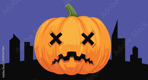 Grumpy jack o lantern pumpkin with cross eyes is sitting in front of a dark city skyline silhouette at night for halloween.