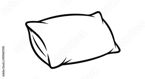 Simple white bed pillow is illustrated in a clean black line art style showing folds and texture for household concepts.