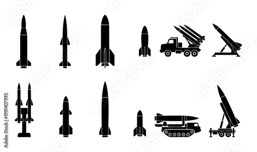 Military missile silhouettes and rocket launcher icons, 12 ballistic weapon vector elements, army artillery and defense system graphics