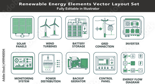 Hybrid energy system vector icons set, top view renewable layout symbols, solar panels, wind turbines, battery storage, grid, inverter CAD