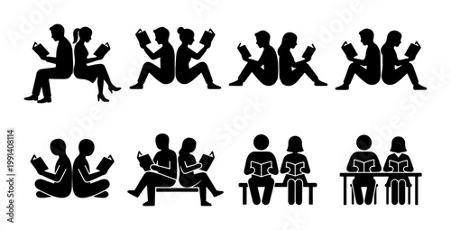 Minimalist reading people silhouettes, set of 8 black book reader icons, students and adults reading in various sitting poses, education vector set