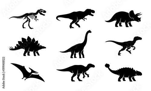 Dinosaur silhouette collection with 9 prehistoric animal icons, black t-rex and triceratops vector set, jurassic wildlife graphics for educational design