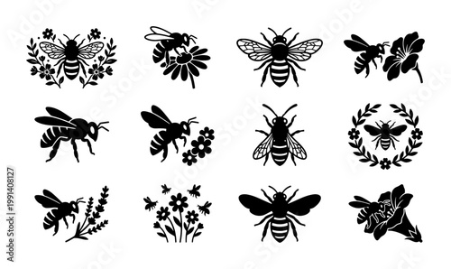 Vintage honey bee icons set, black silhouette bumblebee and flower illustrations, 12 nature vector elements for organic honey packaging and branding