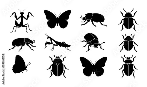Black insect silhouettes collection, set of 12 bug icons including butterfly and praying mantis, beetle and scarab vector elements for nature design