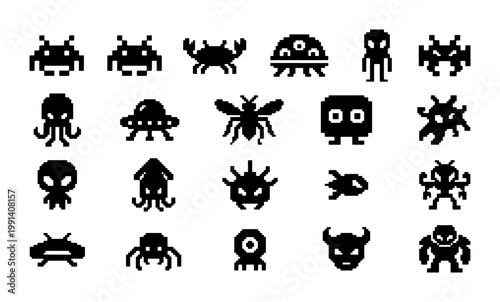 Retro pixel art alien icons set, 20 black silhouette space invaders and monster characters, vintage 8-bit gaming vector graphics for arcade UI