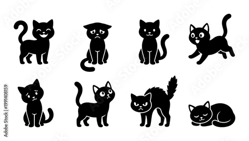 Black cat silhouette vector set, 8 cartoon kitten icons with different emotions, cute pet character collection in various poses and moods