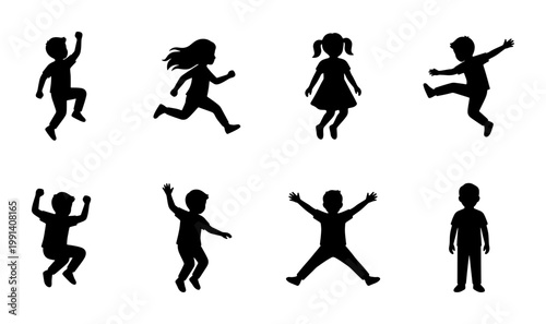 Active children silhouettes set, 8 vector icons of kids jumping and running, black playful youth figures, diverse childhood action poses for design