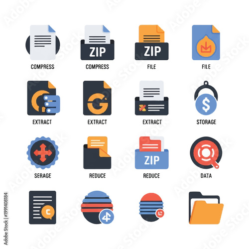 Collection of Digital File Icons Representing Compression and Storage.