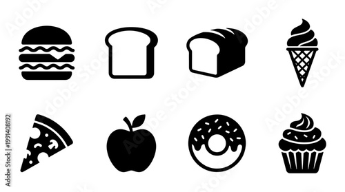 Minimalist food icon set with 8 black vector silhouettes, flat fast food and bakery symbols, restaurant menu graphic elements on white background