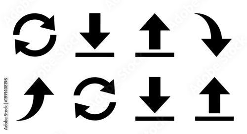 Minimalist black arrow icon set with 8 vector elements, upload and download symbols, refresh and sync signs for interface design