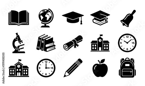 Education icon set with 15 black school symbols, academic graduation and learning vector elements, university and classroom study flat icons