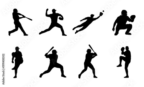 Tableau sur toile Baseball player silhouettes set, 8 vector icons of athletes batting pitching and
