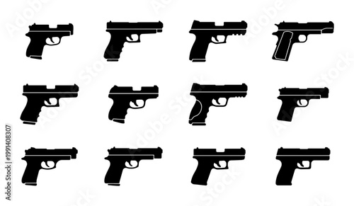 Black handgun silhouettes set, 12 pistol vector icons, modern firearm side view collection, tactical weapon graphic elements for security and defense