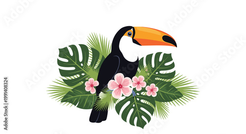 Exotic toucan bird perched amongst lush tropical monstera and palm leaves with pink flowers isolated on white background.
