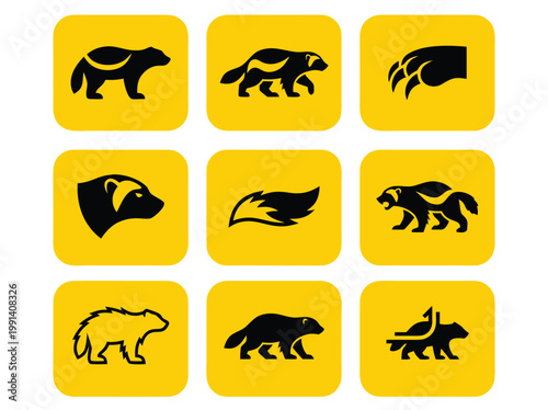 Set of stylized badger icons on yellow background.