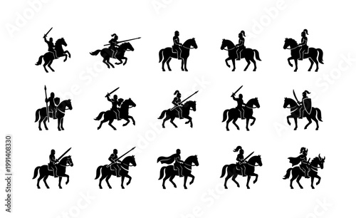 Medieval knight silhouettes set, 15 black horse rider icons with swords and spears, ancient warrior cavalry vector elements for historical design