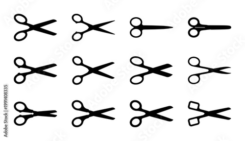 Black scissors silhouette icons set, collection of 12 vector cutting tool symbols, minimalist barber and tailor shear illustrations for craft and office