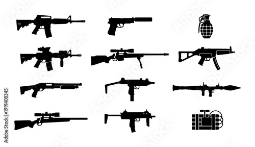Military weapon silhouette collection, 12 black firearm and explosive icons, tactical assault rifle and handgun vector set for gaming and security