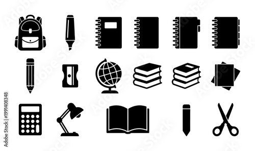 School supplies icon set, black minimalist education vector symbols, 18 academic stationery elements for back to school design and student learning apps