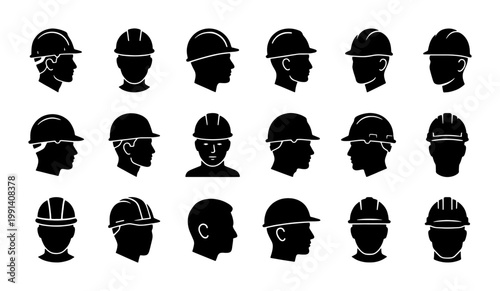 Construction worker head silhouette icons, set of 18 industrial safety helmet vector symbols, builder and engineer profile avatars for site safety