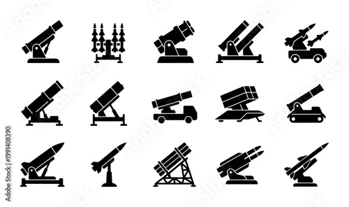 Military missile launcher icons set, 15 black solid vector silhouettes of artillery and rocket systems, defense weapon equipment for war games