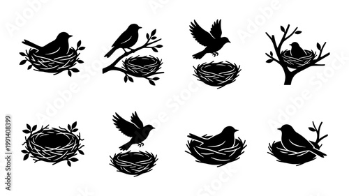 Quadro su tela Black bird nest silhouette icons, set of 8 vector birdhouse and avian illustrati