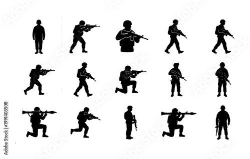 Military soldier silhouettes set, 15 tactical army infantry vector icons, armed special forces personnel in combat poses, black war fighter figures