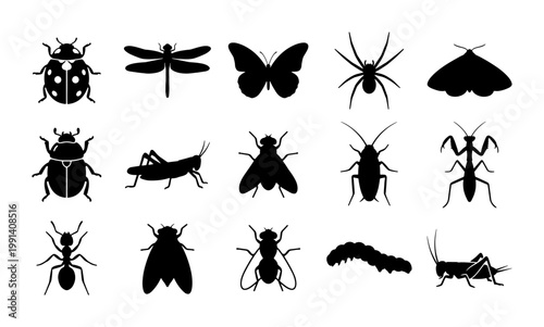 Black insect silhouette collection, set of 15 bug icons including butterfly and beetle, minimalist nature vector elements for educational design