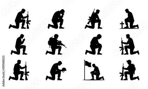 Military soldier silhouette set, kneeling army veteran figures in prayer and mourning, 12 black vector icons of grieving troops for memorial day