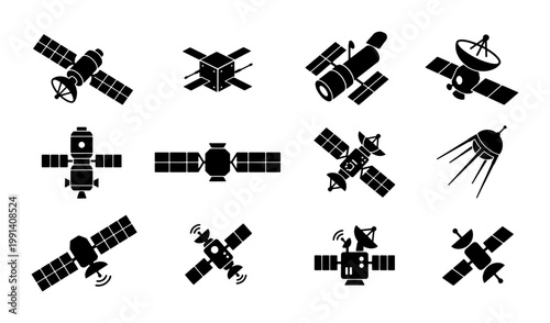 Satellite icon set with 12 black vector silhouettes, space station and orbital communication equipment, telecommunication and global positioning system icons