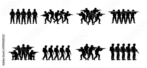 Military soldier silhouettes set, tactical infantry squad vector icons, armed forces personnel in combat poses, black army commando group collection
