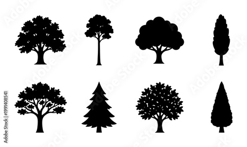 Black tree silhouettes set, 8 deciduous and coniferous tree icons, minimalist forest plant shapes, vector nature elements for landscape design