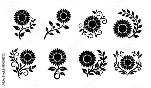 Black sunflower silhouette icons, floral vector set of 8 decorative blossom designs, elegant botanical flower graphics with leaves and swirls