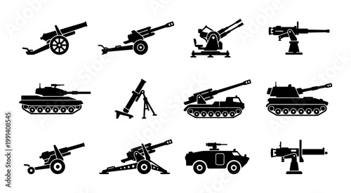 Military artillery and tank silhouettes, set of 12 heavy weapon icons, black army vehicle vector illustrations, combat equipment for defense infographics