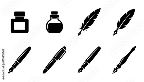 Vintage calligraphy writing set, 8 black ink pen and quill icons, antique fountain pen and inkwell vector collection for stationery design