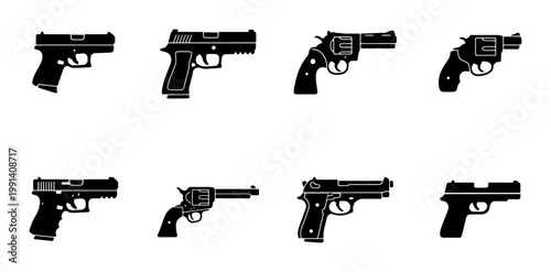 Handgun silhouette icon set, 8 black pistol and revolver vector illustrations, firearm weapon collection for security and defense graphics