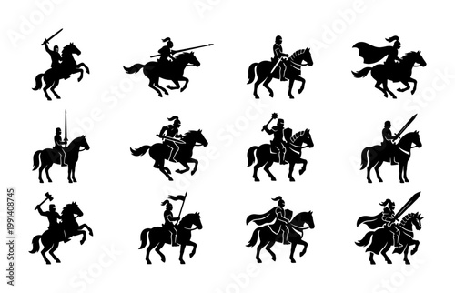Medieval knight silhouettes on horseback, set of 12 armored cavalry warrior icons, black horse rider vector graphics for historical gaming and heraldry