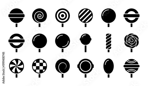 Minimalist lollipop icon set, 18 black candy vector silhouettes, sweet confectionery symbols for food branding and menu design