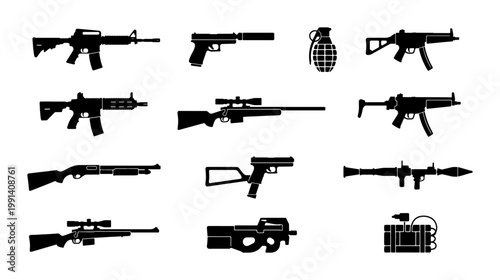 Military weapon silhouettes set, 12 black firearm icons including assault rifles and handguns, tactical gun collection for gaming and security