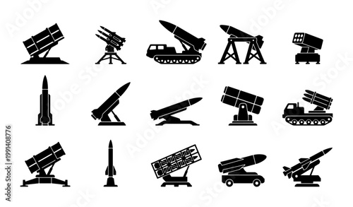 Military missile launcher icons set, 15 black silhouette vector elements of rocket artillery systems, ballistic missile defense and army weaponry