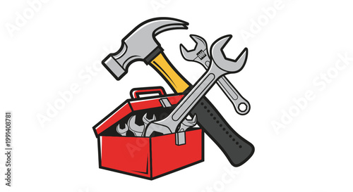 Tools in a red toolbox box.
